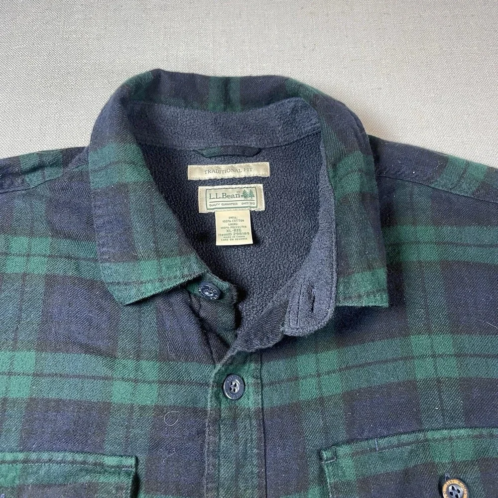LL Bean Flannel Shirt Jacket Mens XL Fleece‎ Lined Green Tartan Plaid